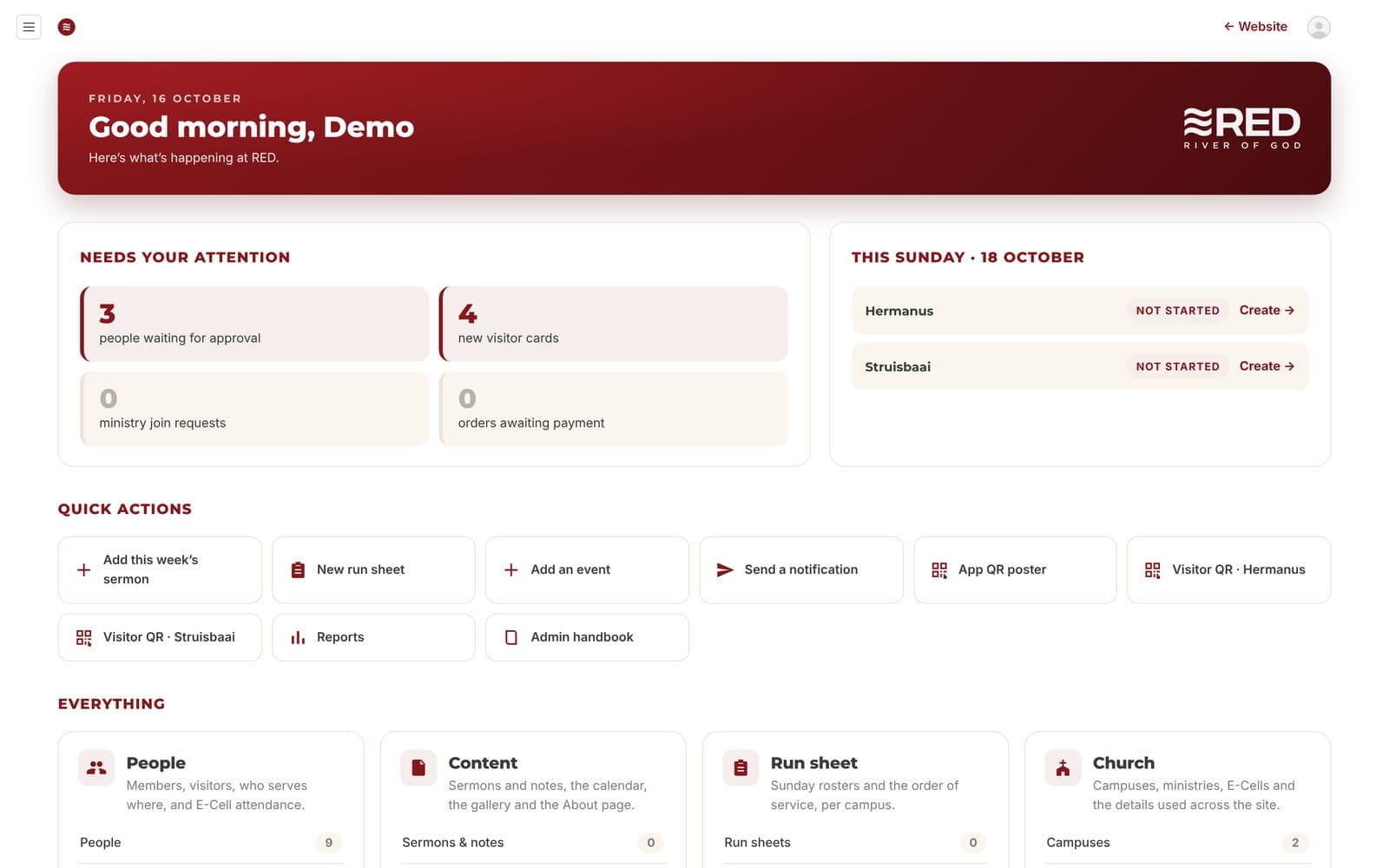 RED leadership dashboard with items needing attention and Sunday run sheets